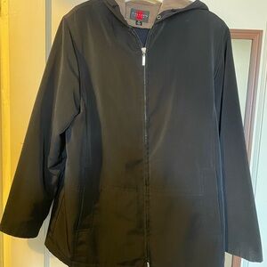 Black Hooded Zip-Front Jacket with Brown Lining